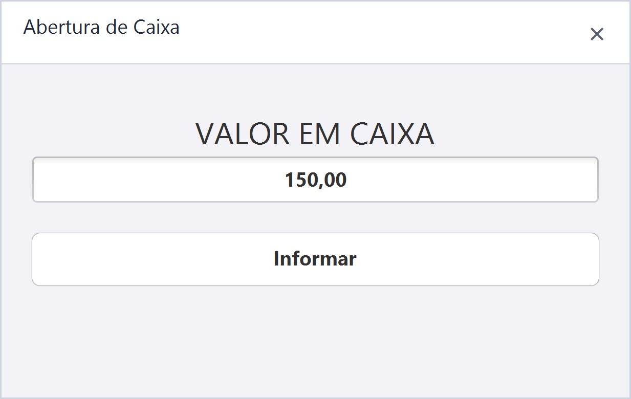 Janela Abertura de Caixa com o campo VALOR EM CAIXA preenchido com 150,00 e o botão Informar.