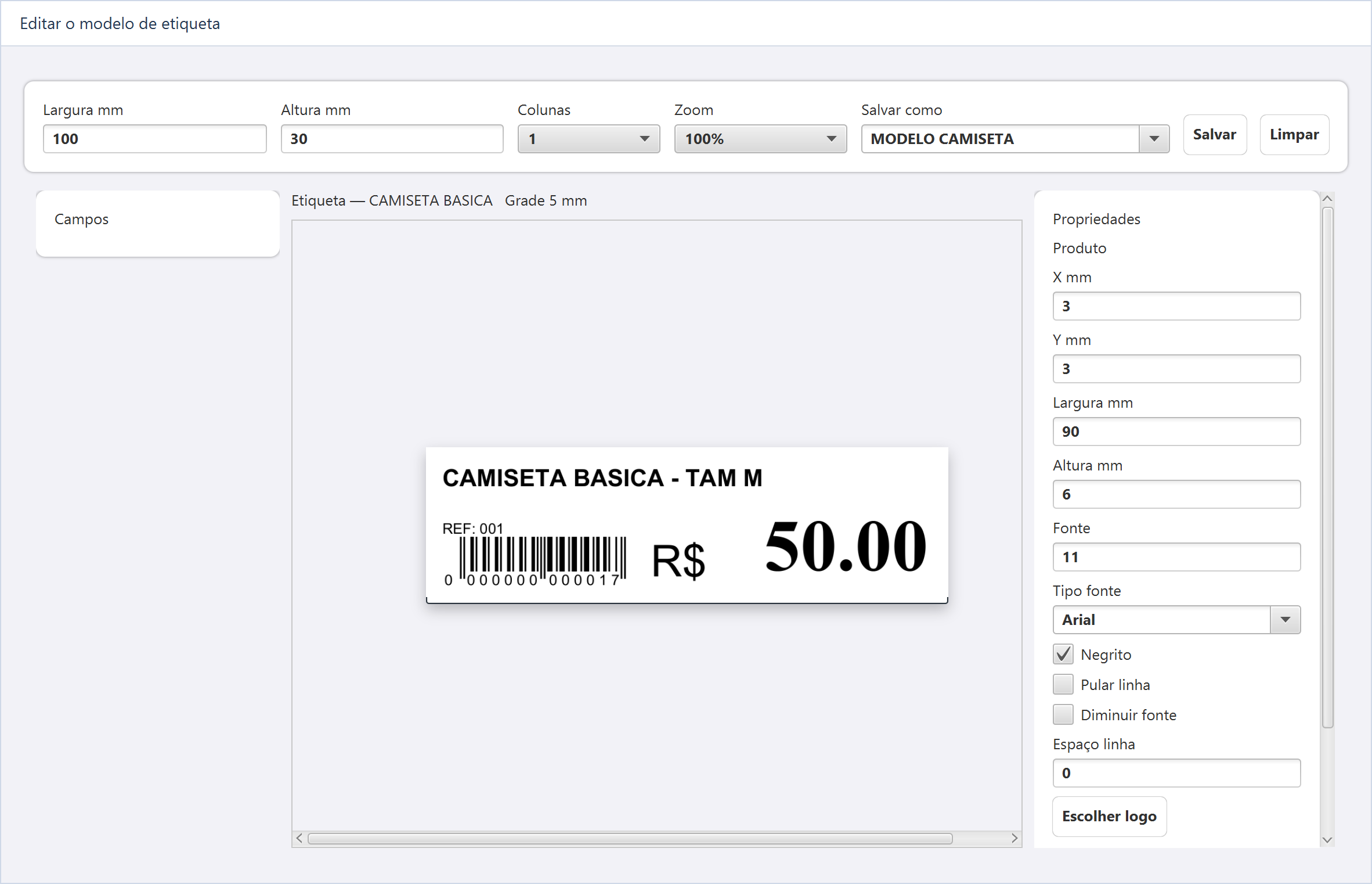 Reprodução ilustrativa de Editar o modelo de etiqueta, sem dados de uma operação real.