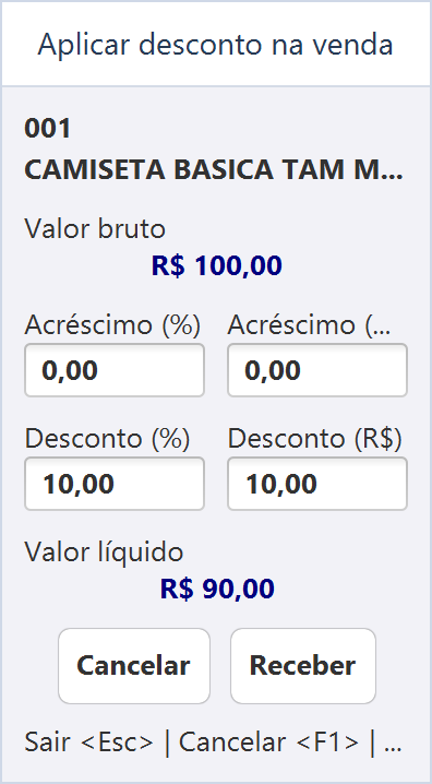 Reprodução ilustrativa de Aplicar desconto na venda, sem dados de uma operação real.