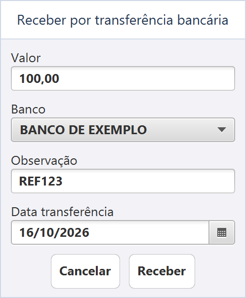 Reprodução ilustrativa de Receber por transferência bancária, sem dados de uma operação real.