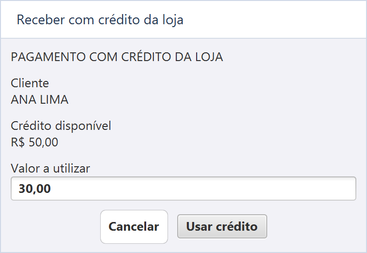 Reprodução ilustrativa de Receber com crédito da loja, sem dados de uma operação real.