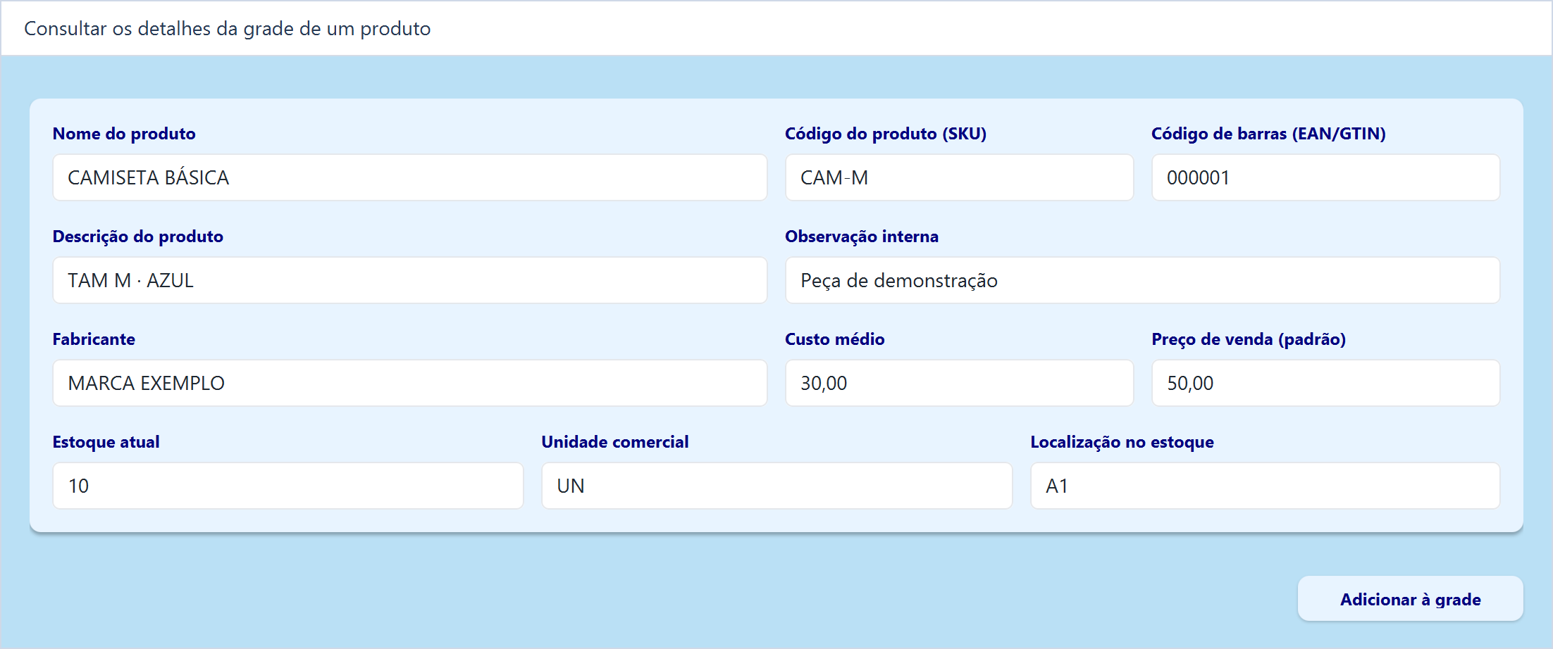 Preencher um item da grade — Camiseta básica TAM M · AZUL, código CAM-M, custo R$ 30,00 e preço R$ 50,00.