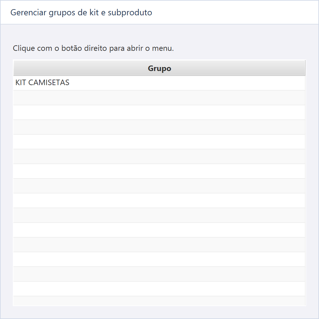 Gerenciar grupos de conversão — KIT CAMISETAS é o grupo que reúne a relação de duas camisetas para um kit.