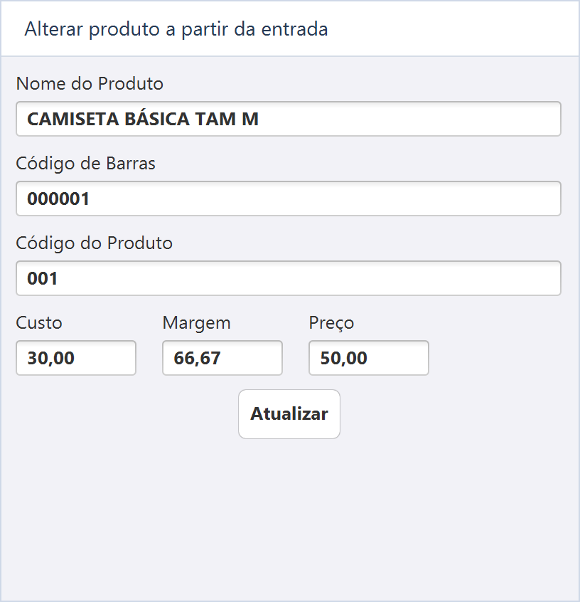 Alterar produto a partir da entrada — Produto 001 com custo R$ 30,00, margem 66,67% e preço R$ 50,00.