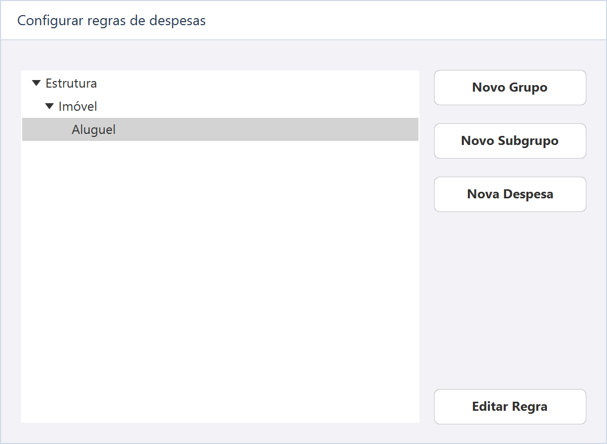 Configurar categorias e regras de despesas — Estrutura › Imóvel › Aluguel é a classificação usada no tutorial.