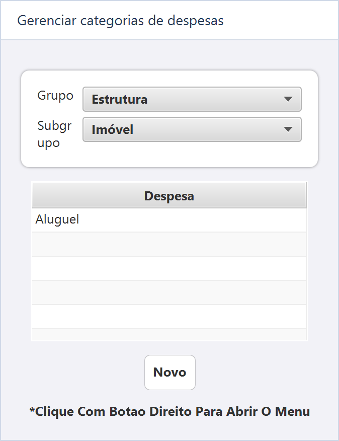 Gerenciar categorias de despesas — A categoria Aluguel pertence a Estrutura › Imóvel.
