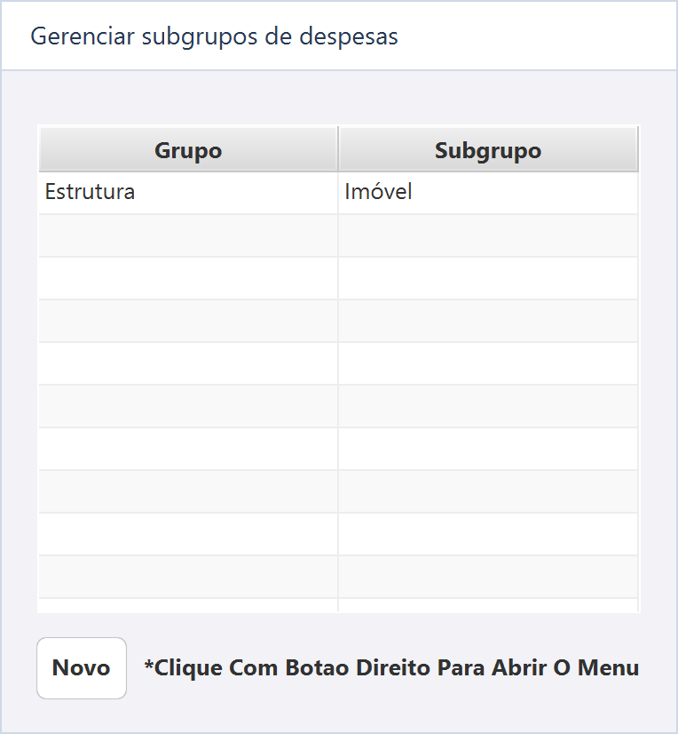 Gerenciar subgrupos de despesas — Imóvel fica dentro de Estrutura e contém a despesa Aluguel.