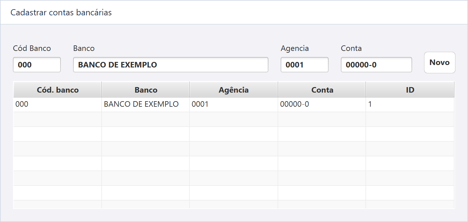 Cadastrar contas bancárias — Banco de exemplo, agência 0001 e conta fictícia 00000-0.