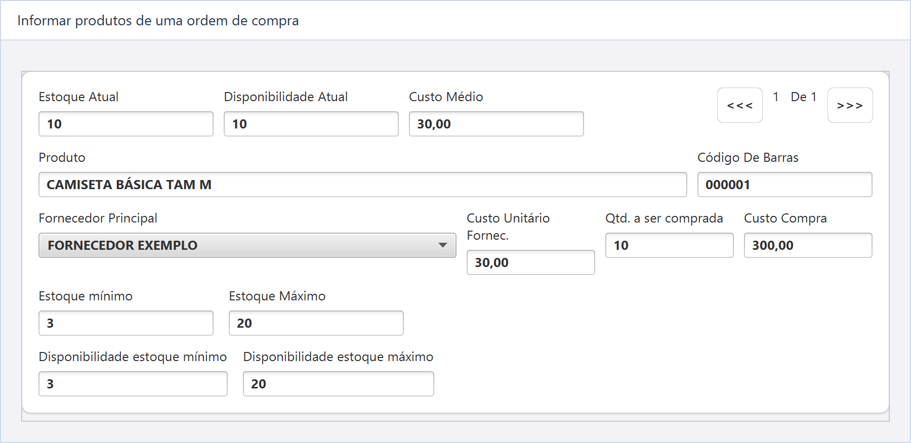 Ajustar produto de uma ordem de compra — Estoque atual 10, máximo 20 e compra de 10 camisetas a R$ 30,00.