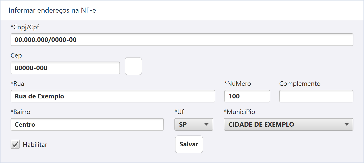 Informar endereço de retirada ou entrega — Rua de Exemplo, 100, Centro, com documentos e CEP fictícios.