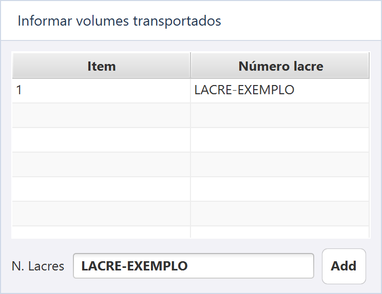 Informar lacres dos volumes — O volume utiliza o identificador fictício LACRE-EXEMPLO.