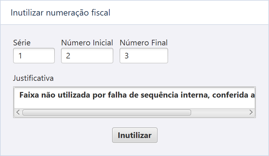 Solicitar inutilização de numeração — A ilustração mostra série 1, números 2 a 3 e justificativa fictícia.