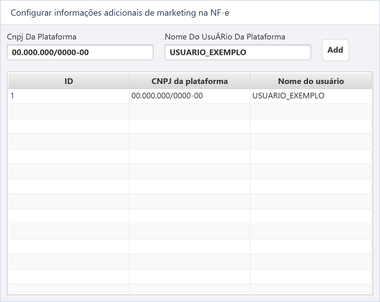 Configurar informações de marketing da NF-e — A plataforma utiliza CNPJ fictício e usuário USUARIO_EXEMPLO.