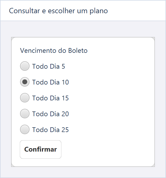 Consultar e escolher um plano — A ilustração seleciona dia 10 como vencimento, sem confirmar contratação.
