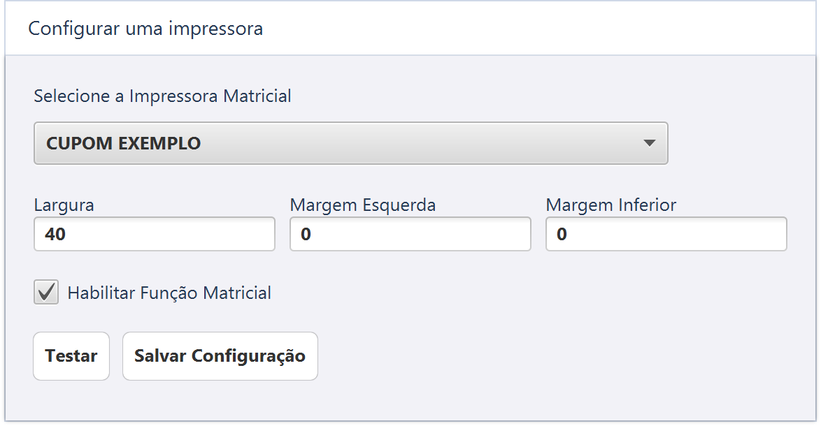 Configurar uma impressora — Impressora CUPOM EXEMPLO, 40 colunas e margens demonstrativas de 0.