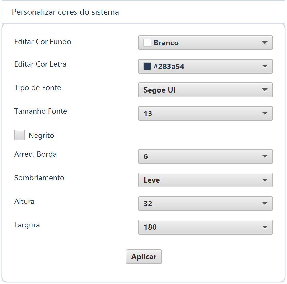 Personalizar cores do sistema — Fonte Segoe UI, tamanho 13 e opções de borda e sombra ilustrativas.