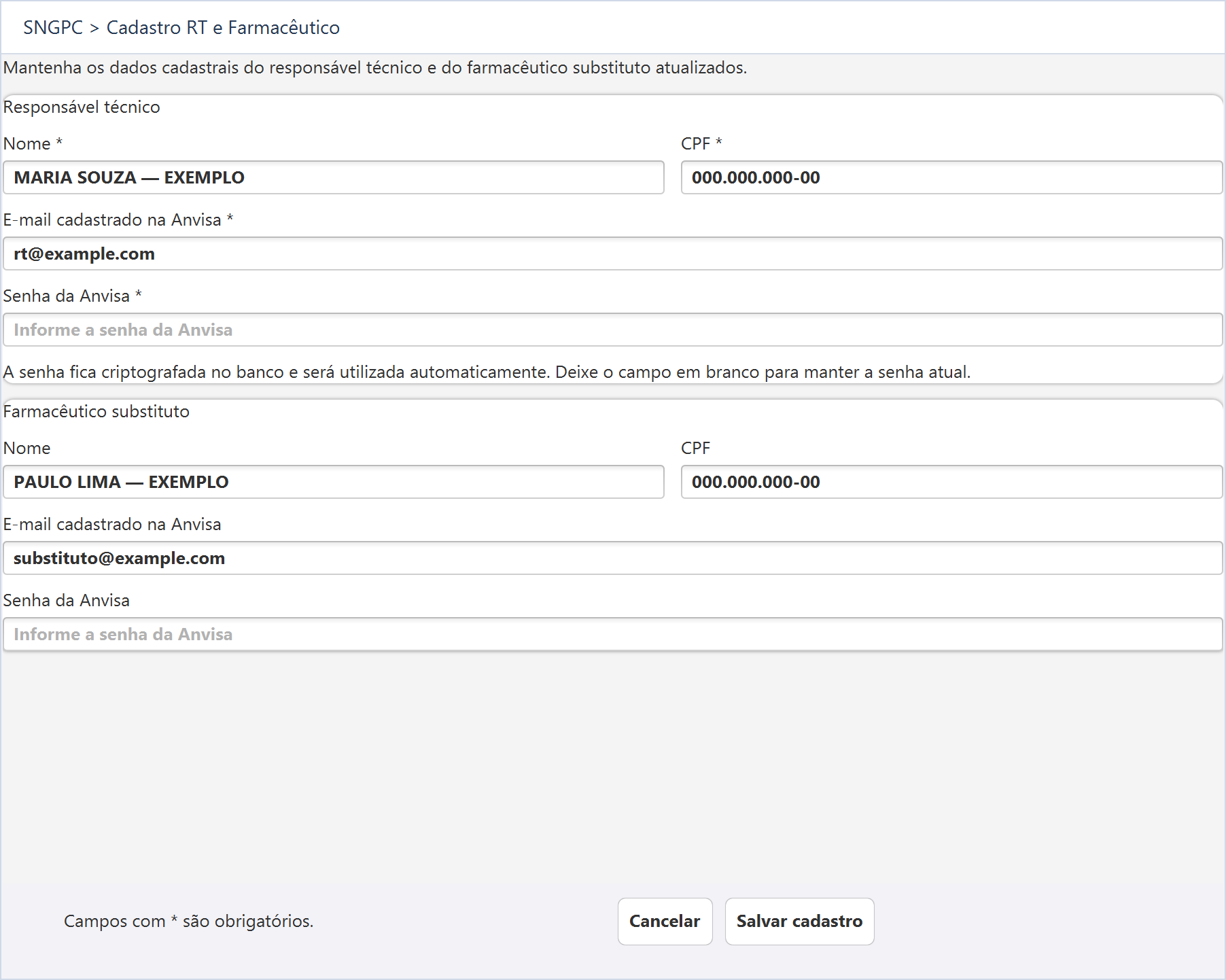 Cadastrar responsável técnico e farmacêutico — Maria Souza é a responsável e Paulo Lima é o substituto, com documentos e e-mails inteiramente fictícios.
