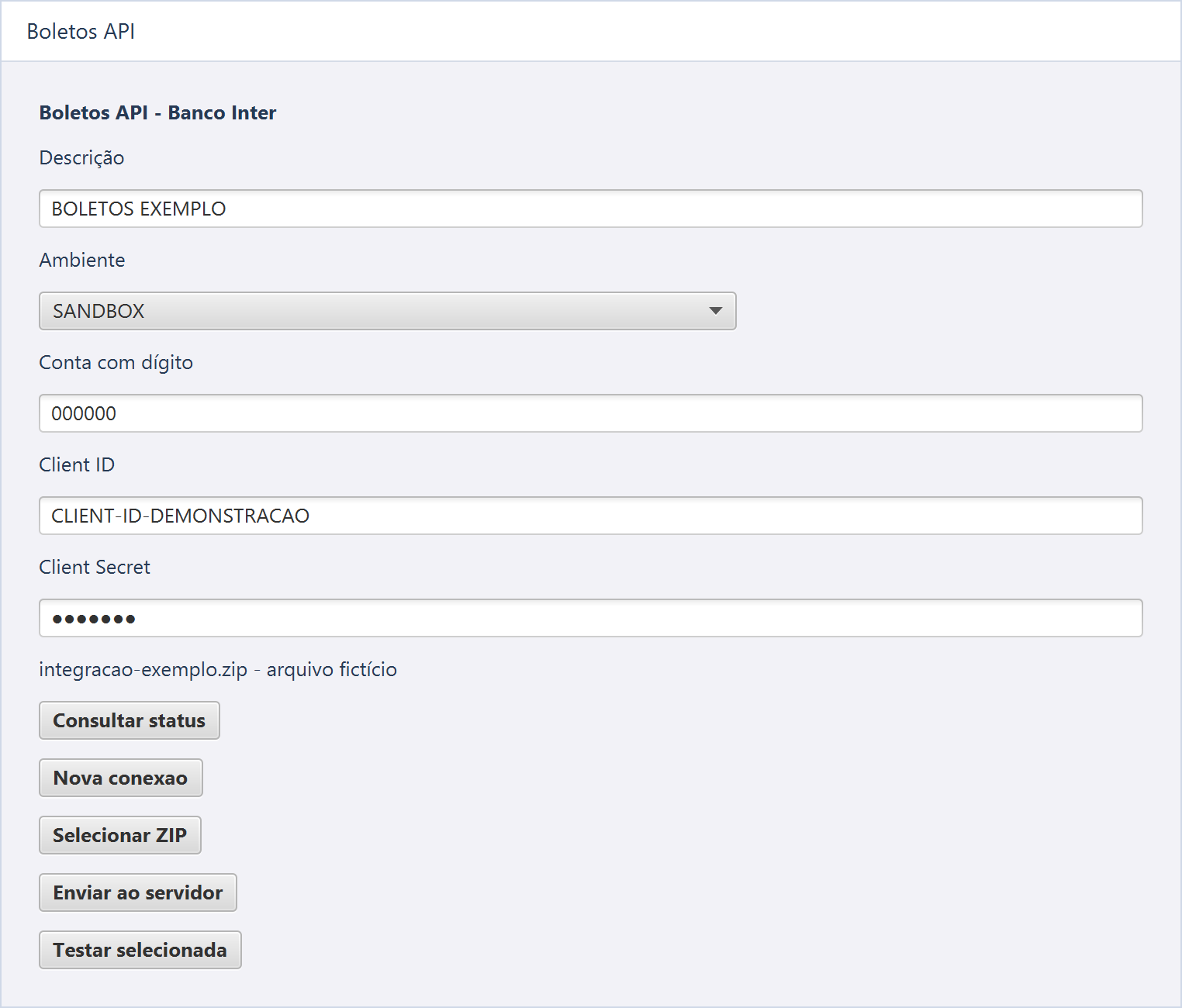 Boletos API — Conta Inter fictícia 000000, ambiente SANDBOX e descrição BOLETOS EXEMPLO; nenhuma credencial real foi utilizada.