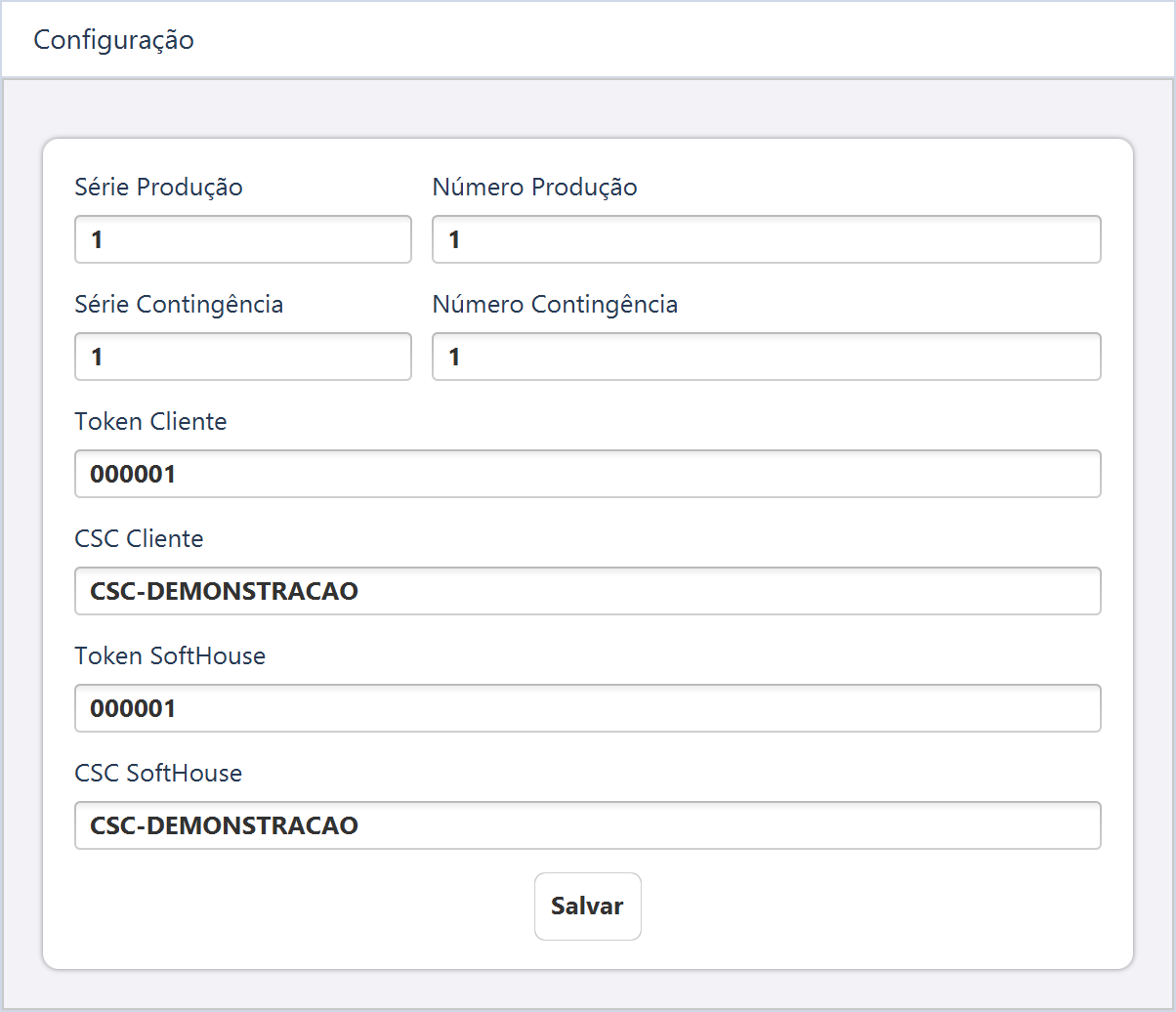 Configuração — A imagem demonstra série 1 e numeração 1, com tokens e CSC fictícios.