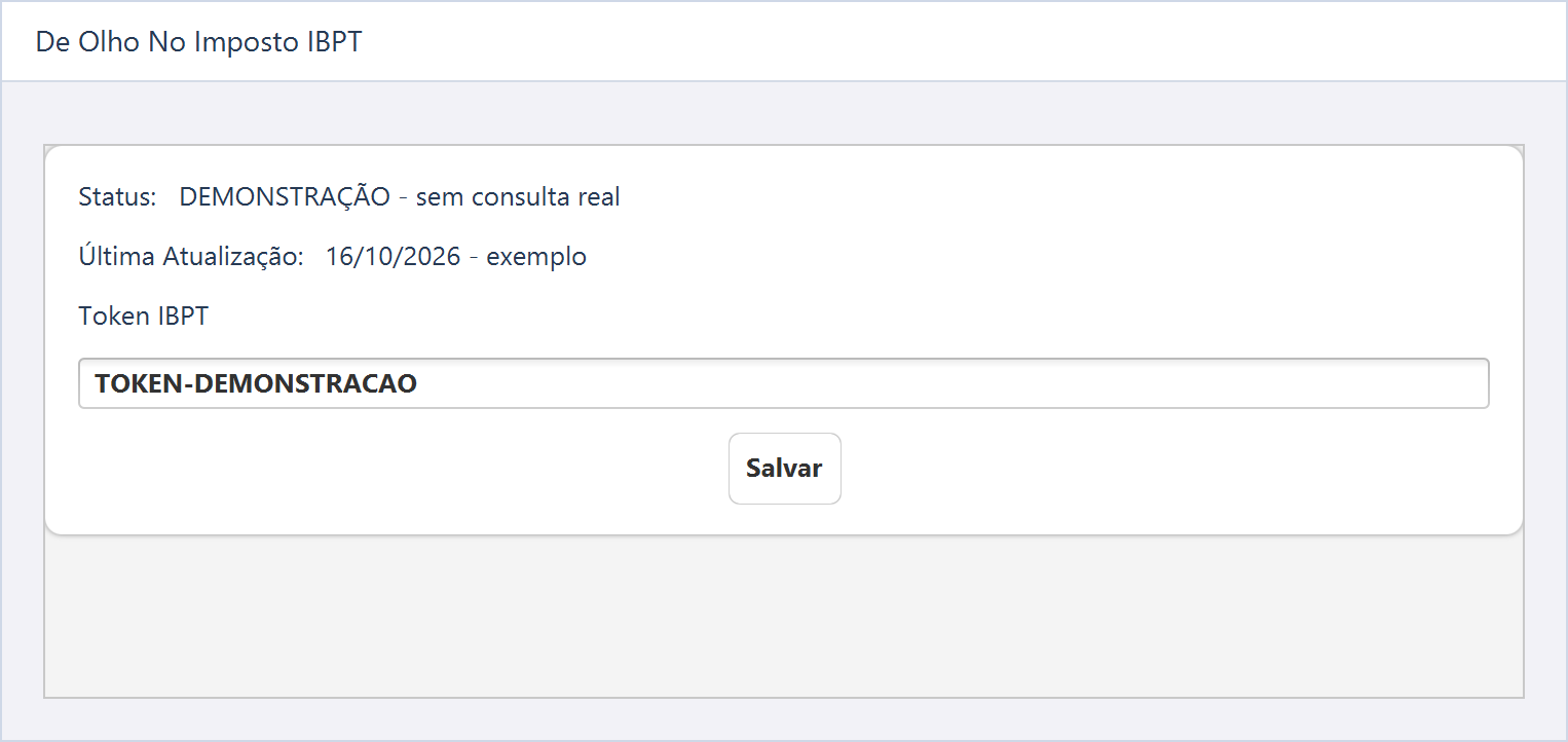 De Olho No Imposto IBPT — O campo contém TOKEN-DEMONSTRACAO, um texto fictício sem acesso a qualquer serviço.