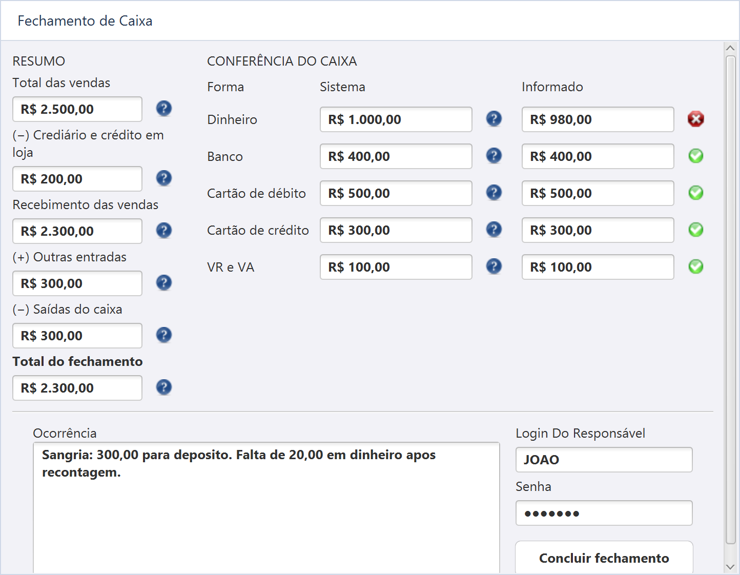 Reprodução ilustrativa de Fechamento de Caixa, sem dados de uma operação real.