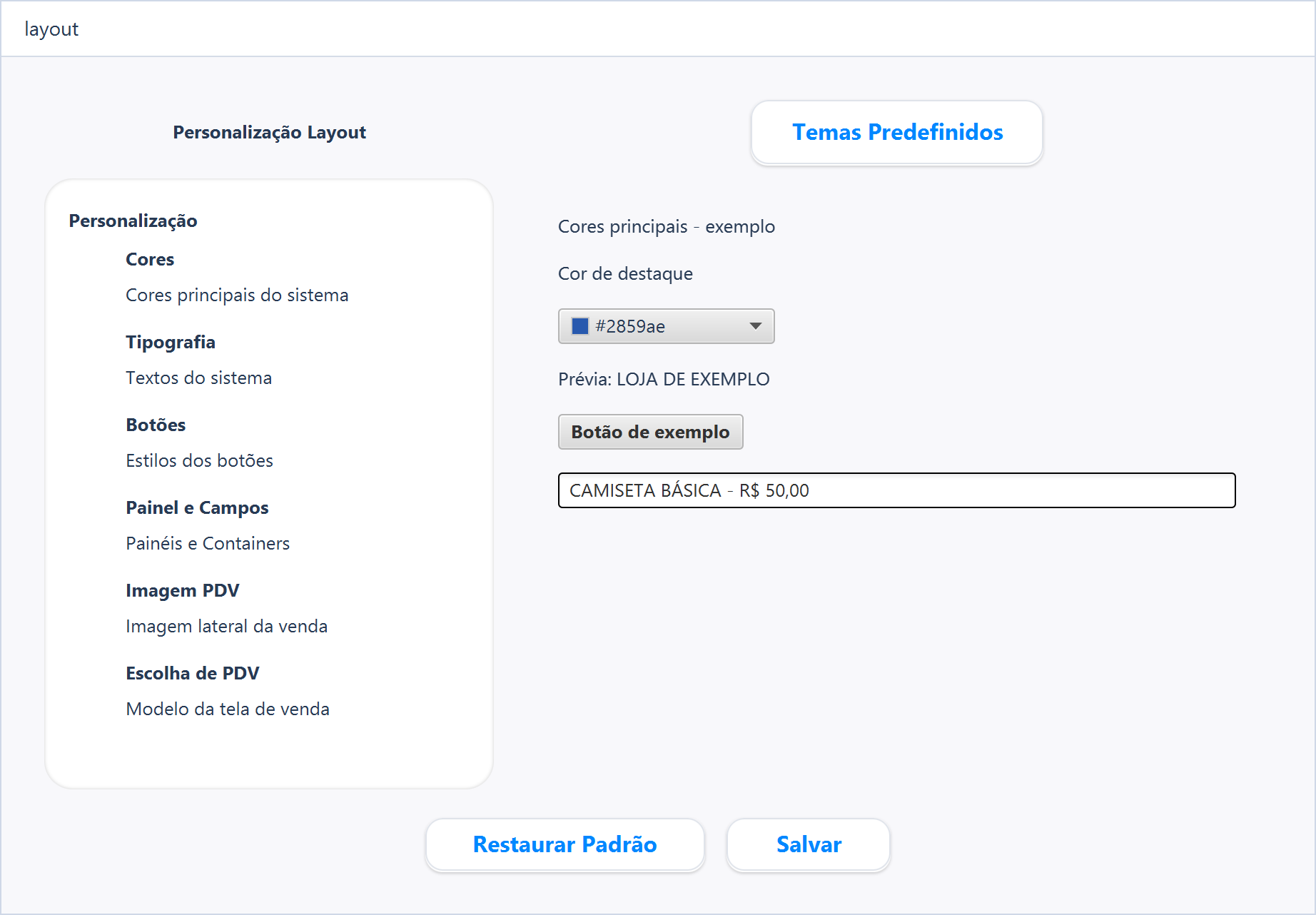 layout — Tema de exemplo com azul principal, fonte Segoe UI e ajustes visuais demonstrativos.