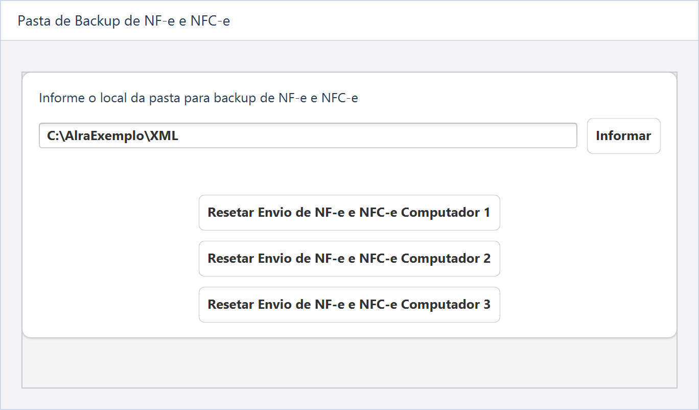 Pasta de Backup de NF-e e NFC-e — Pasta fictícia C:\AlraExemplo\XML, separada por uma identificação local de demonstração.