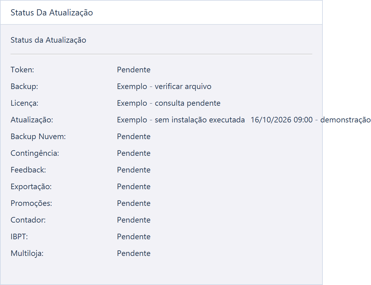 Status Da Atualização — A imagem apresenta uma consulta fictícia do estado da atualização, sem instalar arquivos.