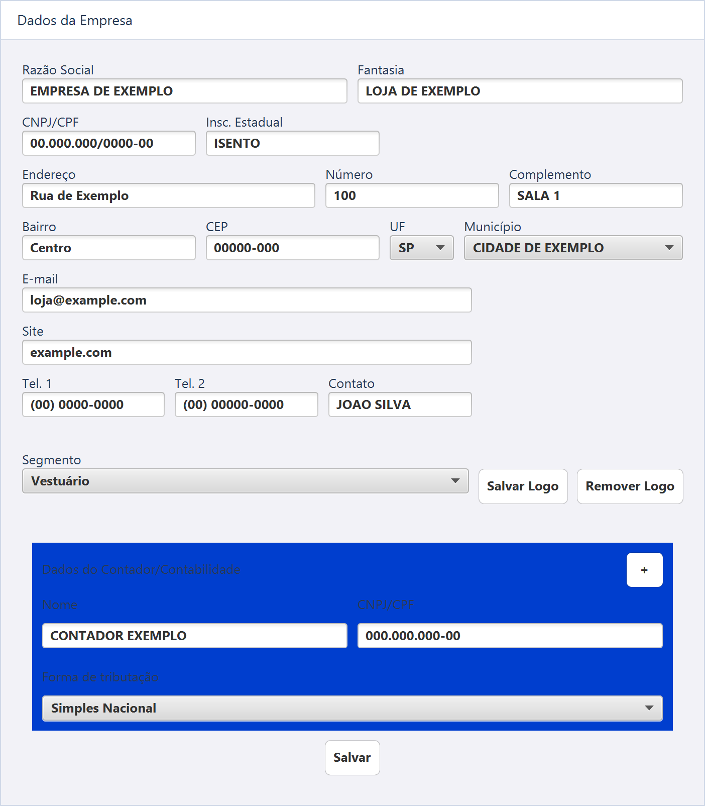 Dados da Empresa — LOJA DE EXEMPLO, Rua de Exemplo, 100, Centro, com e-mail loja@example.com e documentos artificiais.