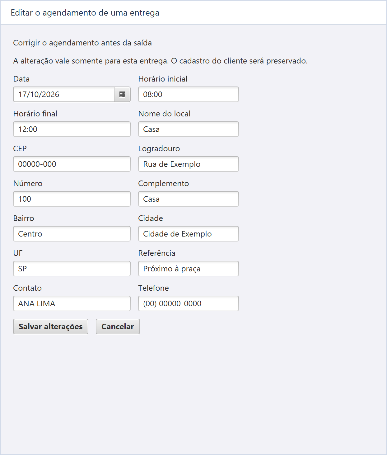 Reprodução ilustrativa de Editar o agendamento de uma entrega, sem dados de uma operação real.