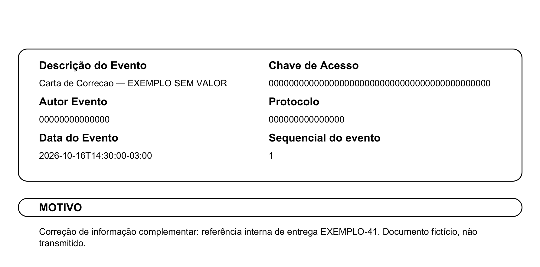 Evento de demonstração — sem registro fiscal — Exemplo de impressão com dados fictícios. Todos os dados são fictícios. O formato pode variar conforme modelo e configuração da instalação.