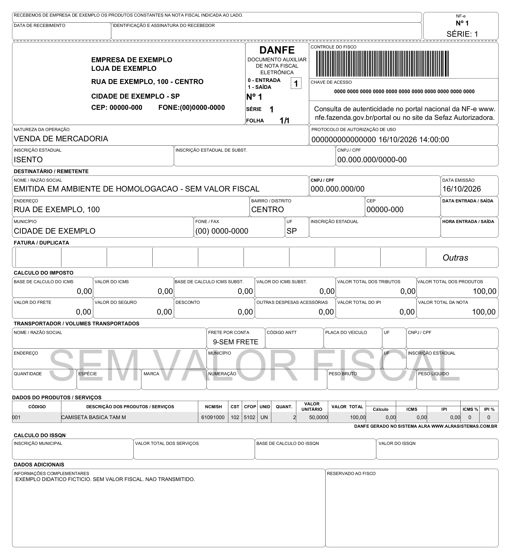 DANFE de demonstração — sem valor fiscal — Exemplo de impressão com dados fictícios. Todos os dados são fictícios. O formato pode variar conforme modelo e configuração da instalação.