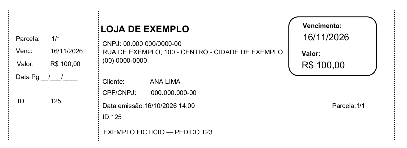 Duplicata 125 — R$ 100,00 — Exemplo de impressão com dados fictícios. Todos os dados são fictícios. O formato pode variar conforme modelo e configuração da instalação.