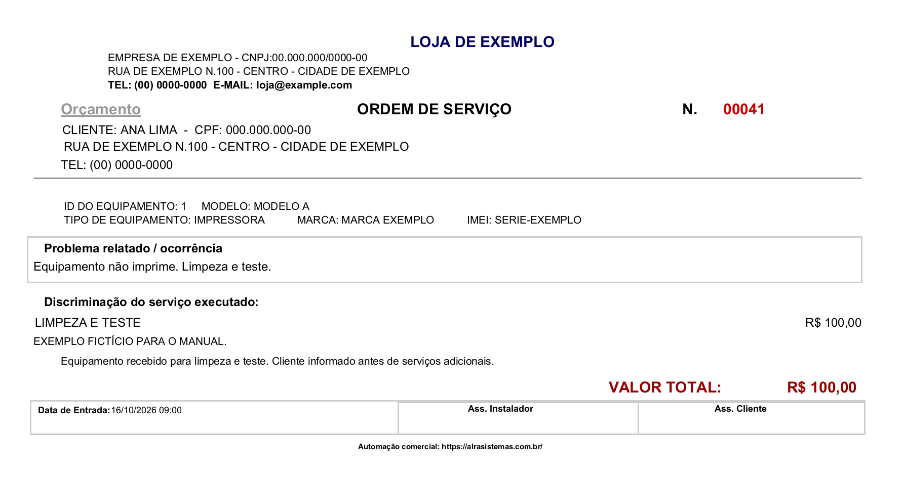 OS 41 — modelo A4 com termo — Exemplo de impressão com dados fictícios. Todos os dados são fictícios. O formato pode variar conforme modelo e configuração da instalação.