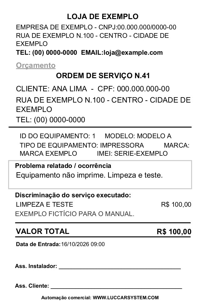 OS 41 — via em orçamento — Exemplo de impressão com dados fictícios. Todos os dados são fictícios. O formato pode variar conforme modelo e configuração da instalação.