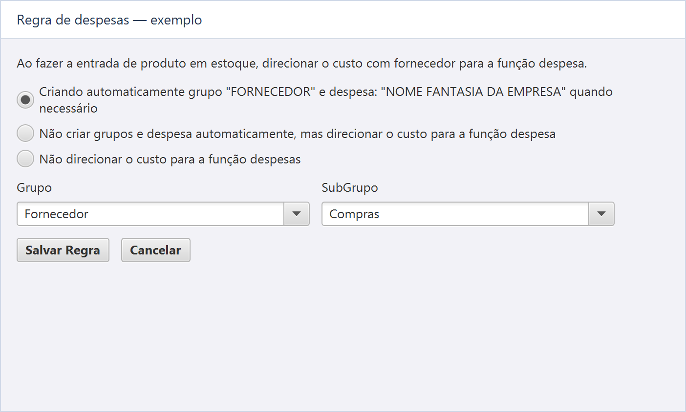 Exemplo dos parâmetros da regra — A configuração demonstra o direcionamento das compras e os nomes de grupo e subgrupo.