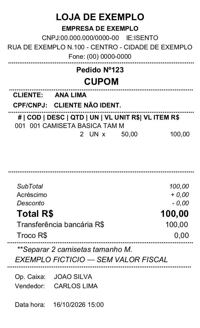 Modelo após concluir a venda de R$ 100,00 por transferência bancária. Confira a forma de pagamento e o total do pedido.