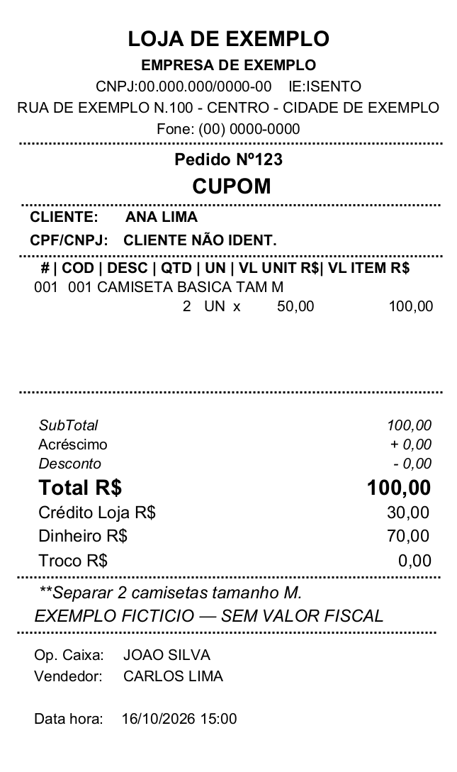 Modelo da venda de R$ 100,00 paga com R$ 30,00 de crédito da loja e R$ 70,00 em dinheiro, após concluir o faturamento.