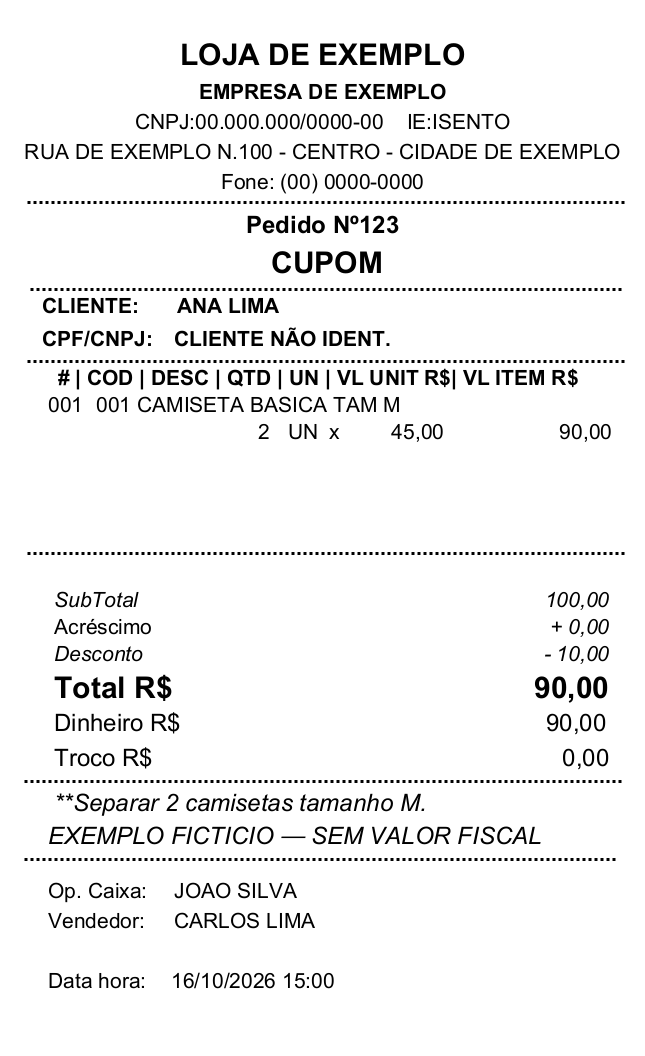 Modelo após o desconto de R$ 10,00 sobre a venda de R$ 100,00: total líquido R$ 90,00.