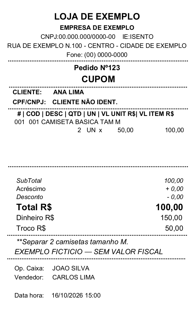 Modelo após concluir a venda de R$ 100,00, recebendo R$ 150,00 em dinheiro e devolvendo R$ 50,00 de troco.