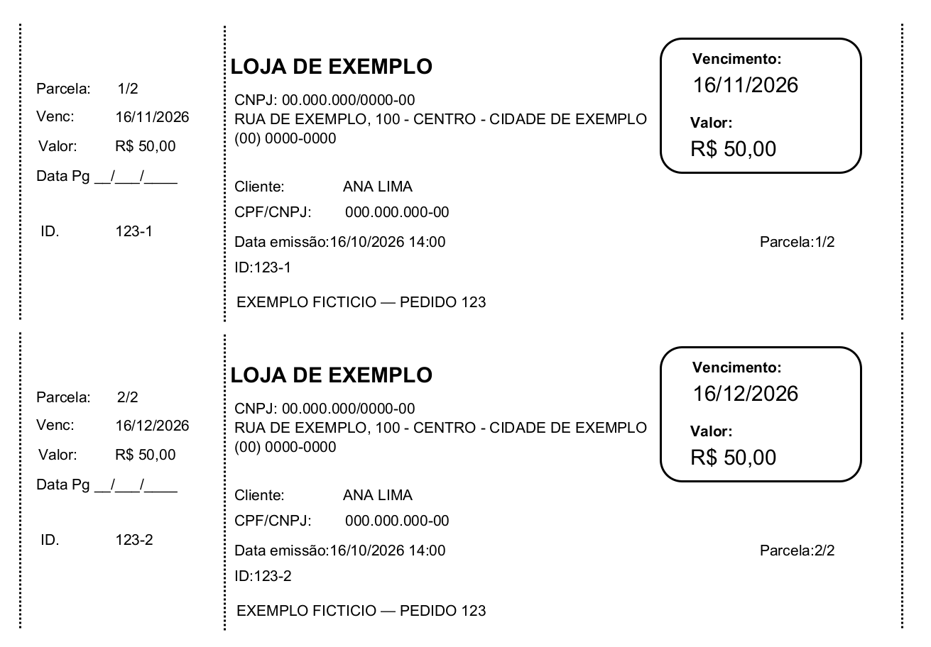 Modelo de duas duplicatas de R$ 50,00, vencendo em 16/11/2026 e 16/12/2026, conforme a habilitação de impressão da instalação.