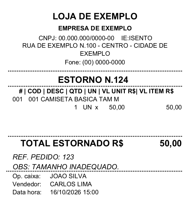 Estorno 124 de uma camiseta no valor de 50,00, referente ao pedido 123, por tamanho inadequado.