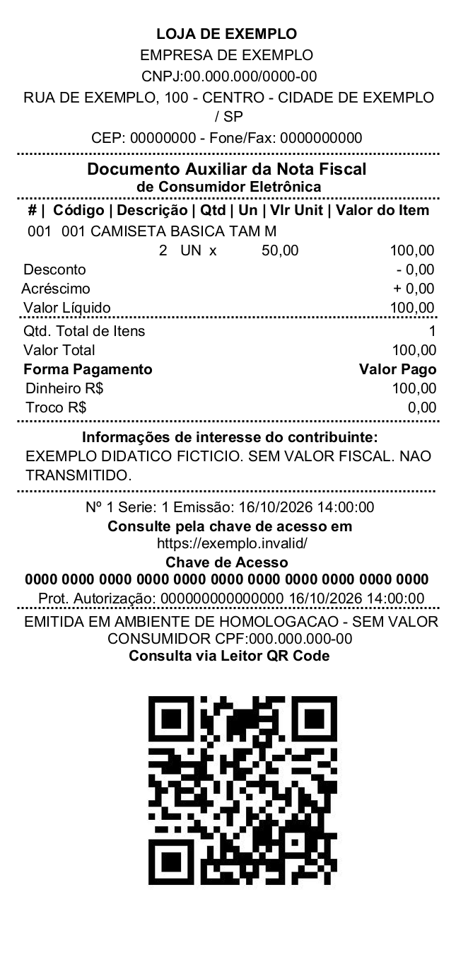 DANFE de demonstração gerado com o modelo do sistema e XML inteiramente fictício. O exemplo traz homologação e ausência de valor fiscal; não é um documento transmitido nem autorizado.