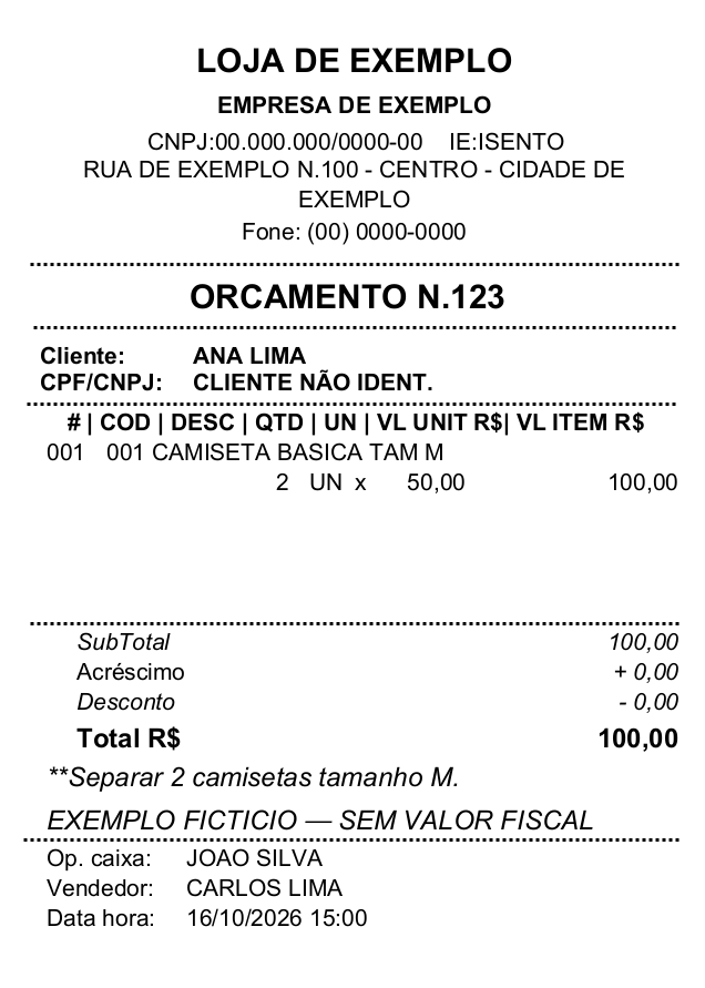 Modelo do orçamento do pedido 123, com duas camisetas e total R$ 100,00. Esse impresso não comprova o recebimento do valor.