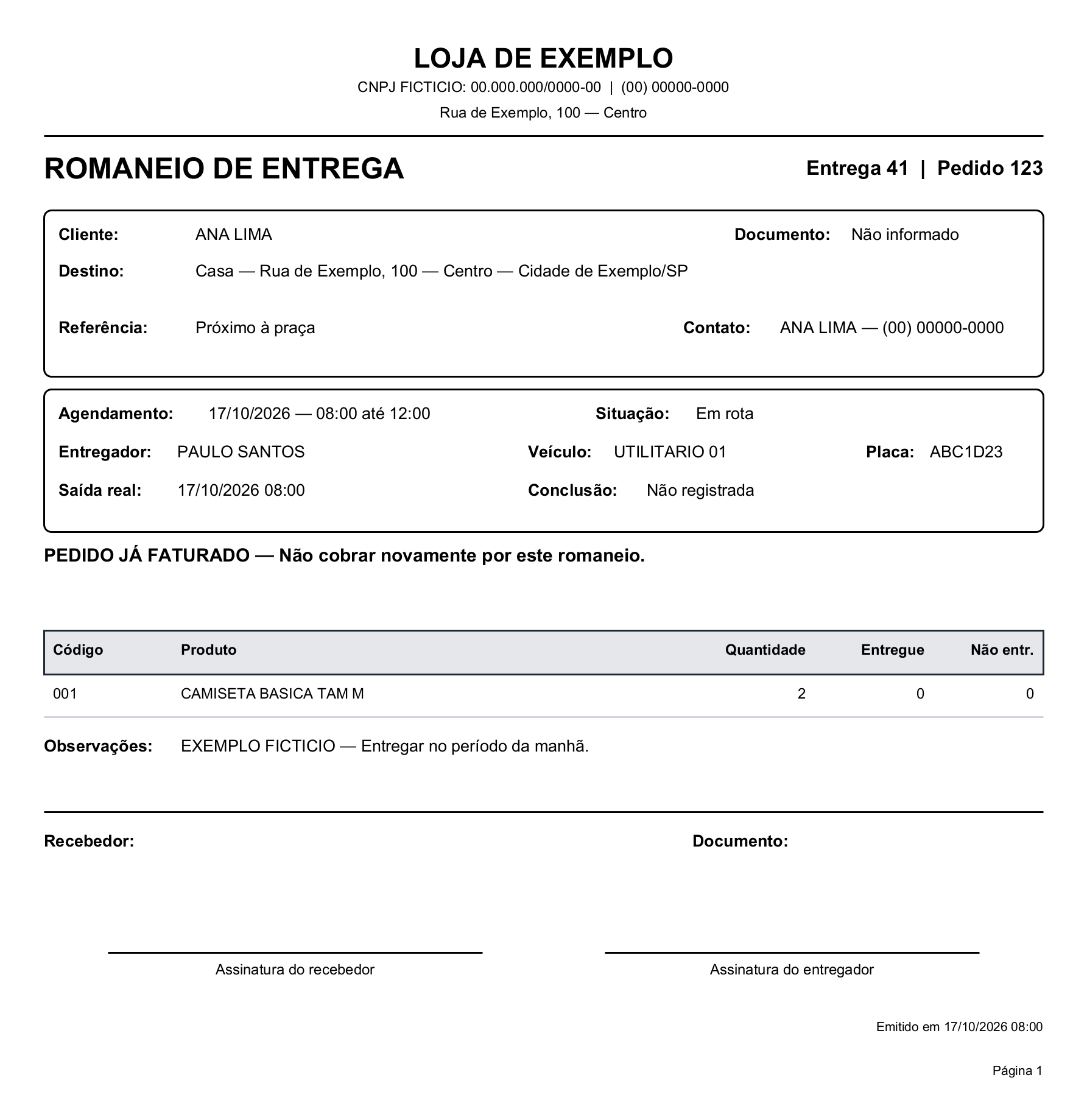 Modelo do romaneio oferecido após registrar a saída da entrega 41. São 2 camisetas para Ana Lima, com Paulo Santos no transporte. O pedido do exemplo já está faturado, conforme o destaque do documento.