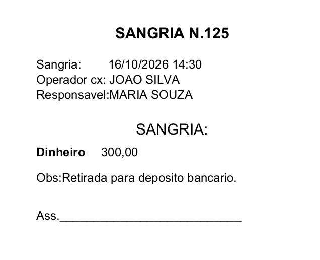 Comprovante fictício da sangria número 125: 16/10/2026 às 14:30, operador João Silva, responsável Maria Souza, valor de 300,00, observação sobre depósito bancário e espaço para assinatura.
