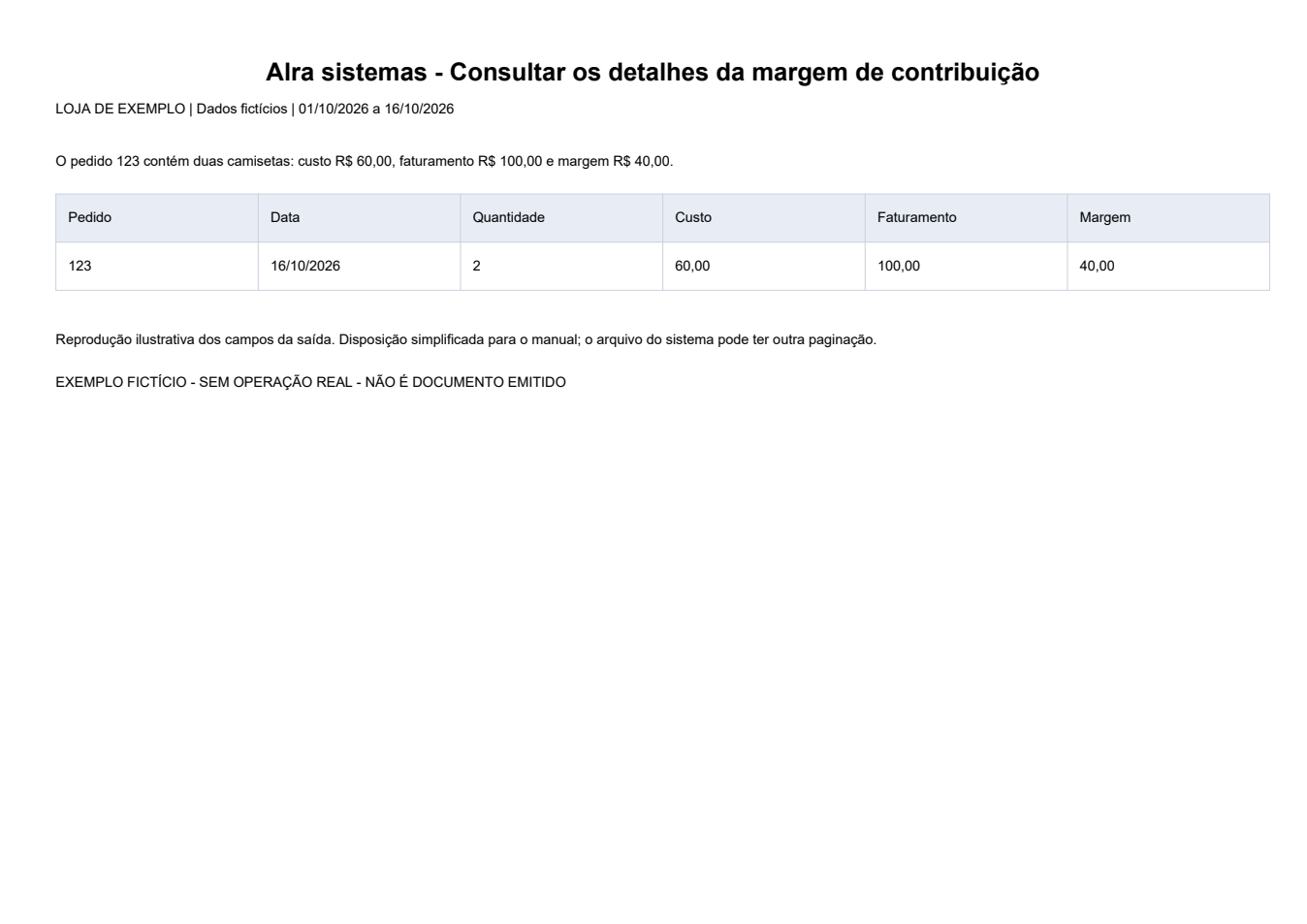 Consultar os detalhes da margem de contribuição — Exemplo ilustrativo de impressão, em disposição simplificada. Todos os dados são fictícios. O formato pode variar conforme modelo e configuração da instalação.
