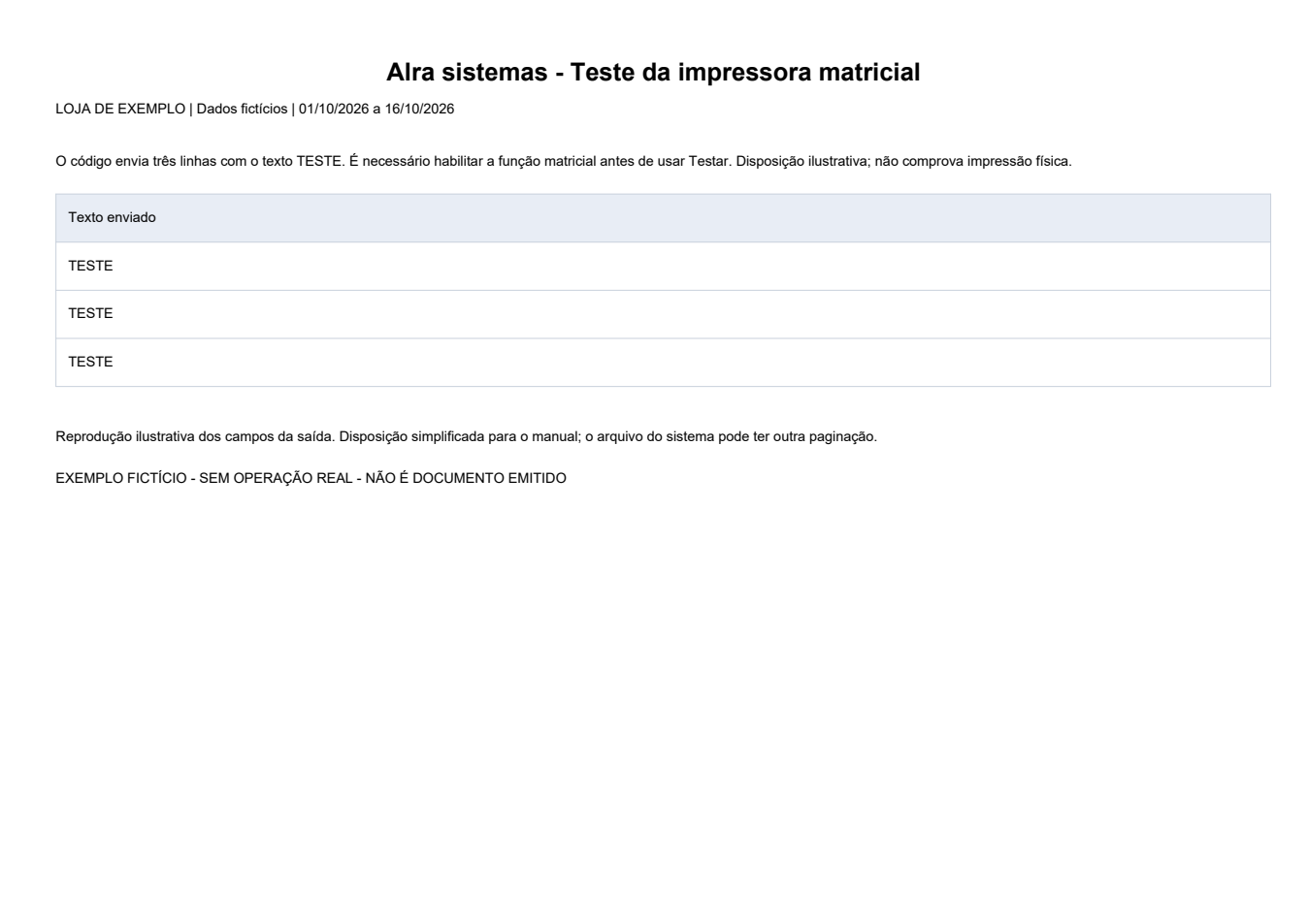 Teste da impressora matricial — Exemplo ilustrativo de impressão, em disposição simplificada. Todos os dados são fictícios. O formato pode variar conforme modelo e configuração da instalação.