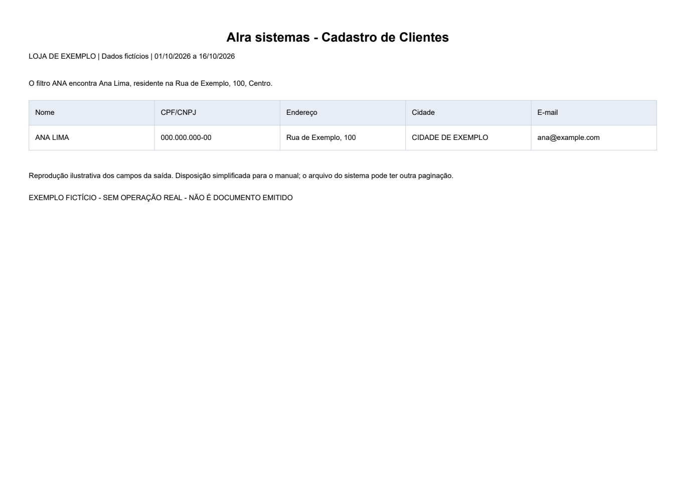 Cadastro de Clientes — Exemplo ilustrativo de impressão, em disposição simplificada. Todos os dados são fictícios. O formato pode variar conforme modelo e configuração da instalação.