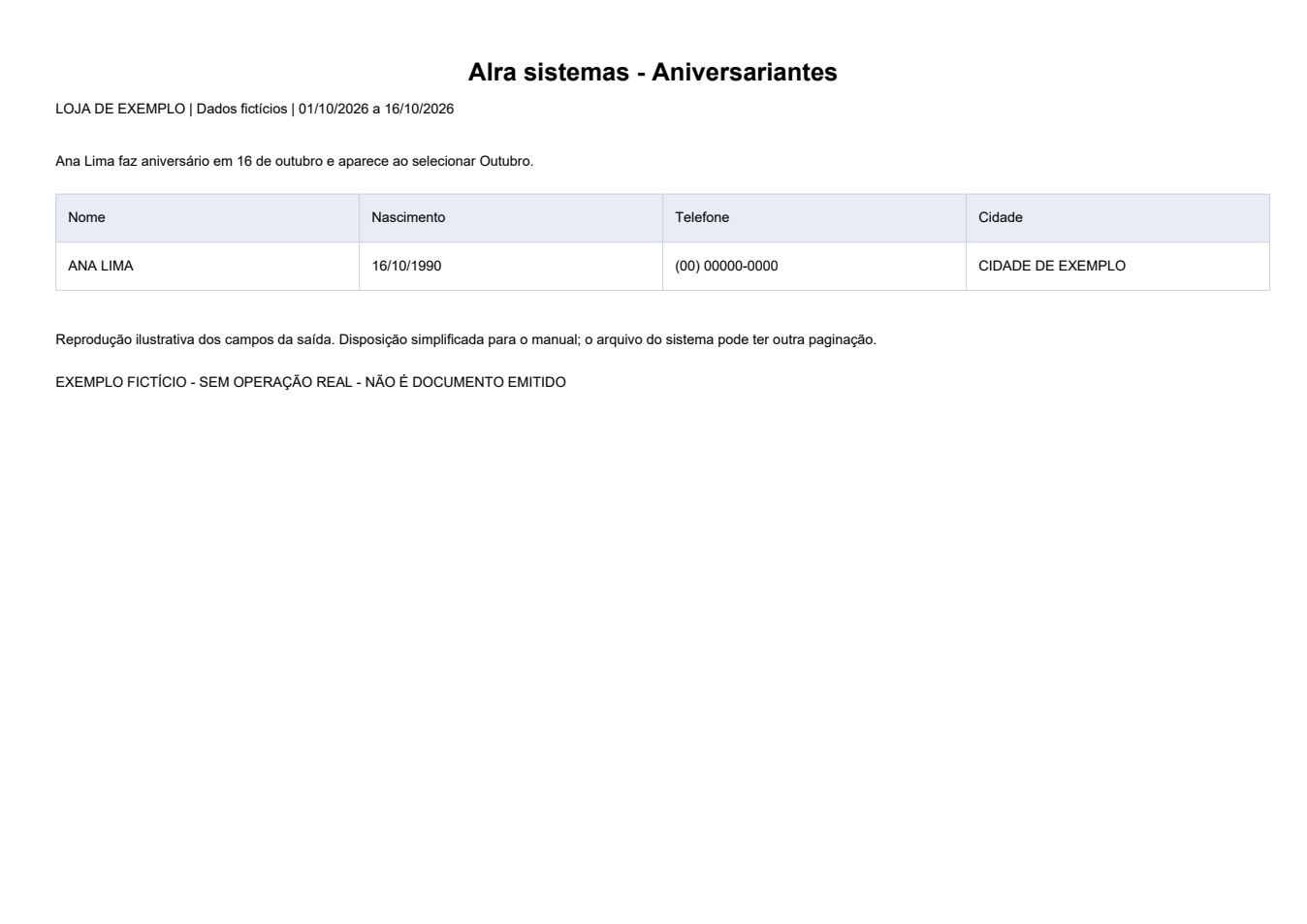 Aniversariantes — Exemplo ilustrativo de impressão, em disposição simplificada. Todos os dados são fictícios. O formato pode variar conforme modelo e configuração da instalação.
